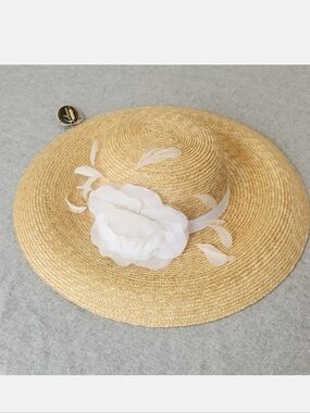 Callanan Millinery Straw Hat Silk Flower Feathers Adjustable